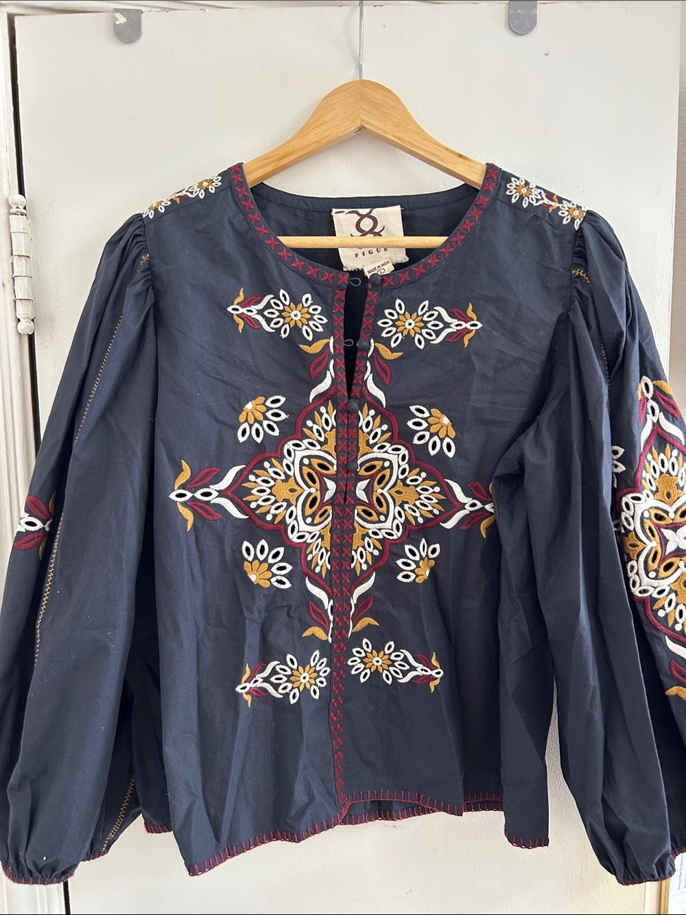 FIGUE Embroidered Navy Boho Tunic Top with Mustard & Red Accents